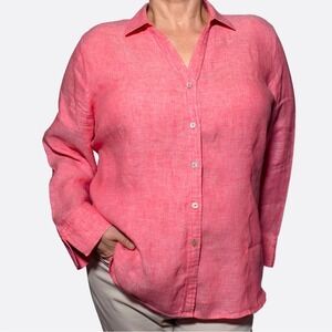 Foxcroft Hibiscus‎ Pink 100% Linen Button-Up Shirt Relaxed Plus Size 2X Resort